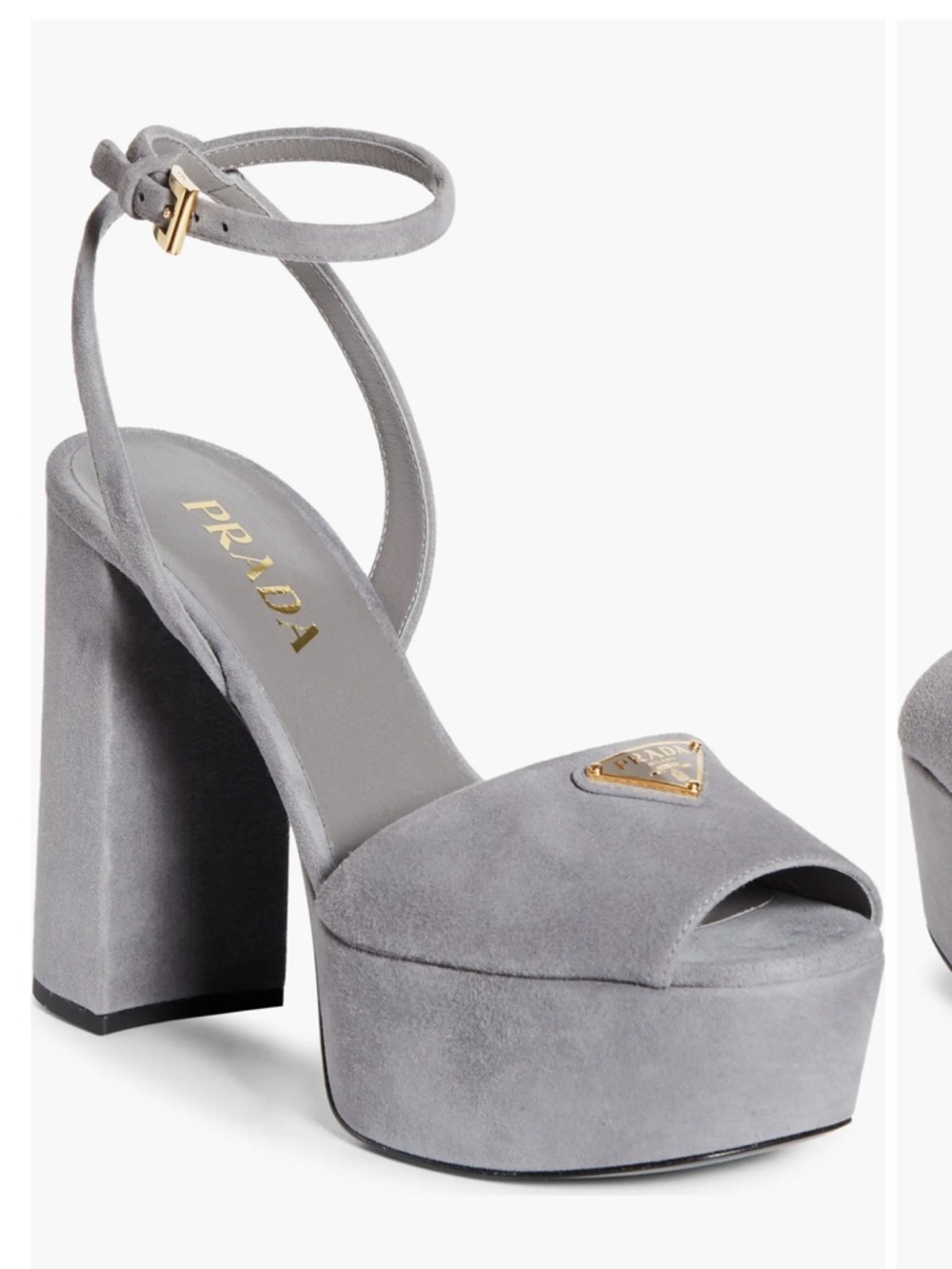 Prada Taupe Suede Open-Toe Slingback Heels with Gold Logo